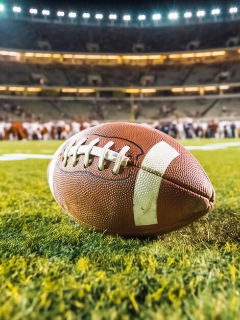 Ballon de football américain sur le terrain vert du stade dans la nuit Generative AI