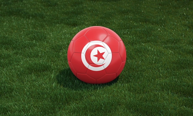 Ballon de football aux couleurs du drapeau tunisien dans un stade sur fond d'herbes vertes illustration 3D