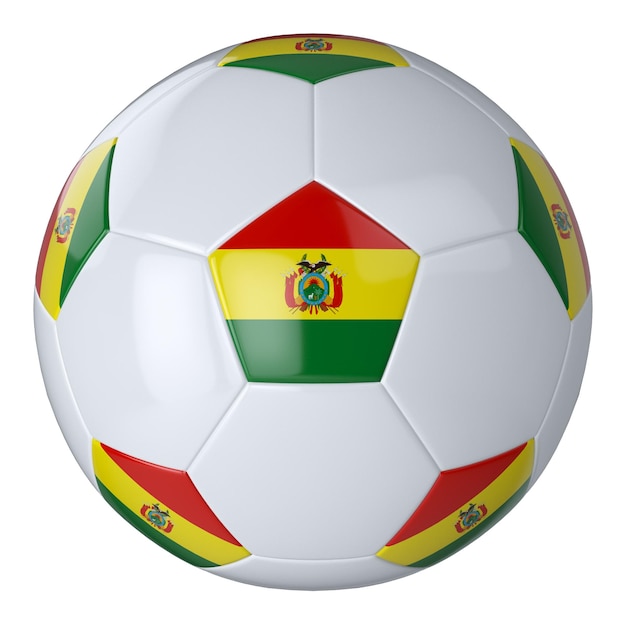 Ballon de football blanc avec le drapeau de la Bolivie sur fond blanc Ballon de football en cuir isolé Ballon blanc classique avec patchs Drapeaux des pays Illustration 3D