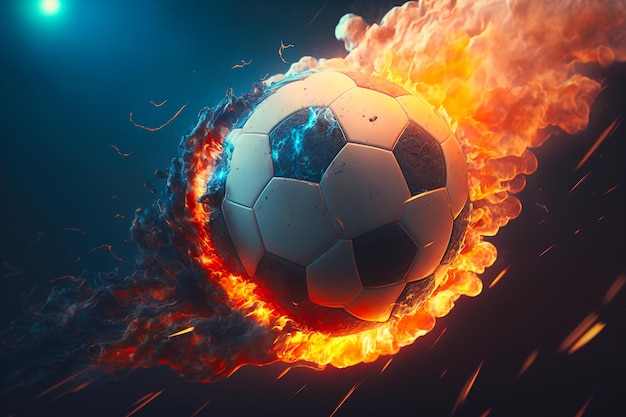 Ballon de football brûlant comme une comète sur un fond sombre AI générative