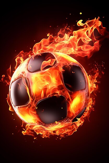 Un ballon de football brûle sur un fond noir avec des flammes.