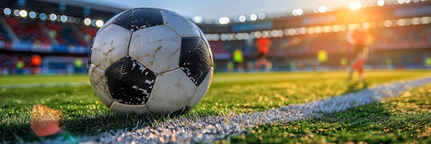 Un ballon de football classique noir et blanc est positionné sur un terrain vert vibrant et bien entretenu. Le ballon est stationnaire, suggérant un moment de repos ou de préparation avant le jeu.