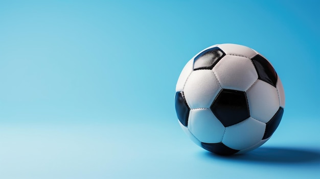 Un ballon de football classique noir et blanc sur un fond bleu