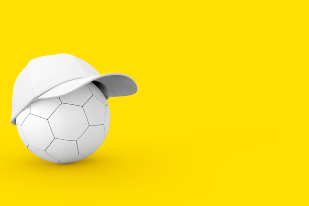 Ballon de football en cuir blanc avec casquette de baseball de mode blanche sur fond jaune. Rendu 3D