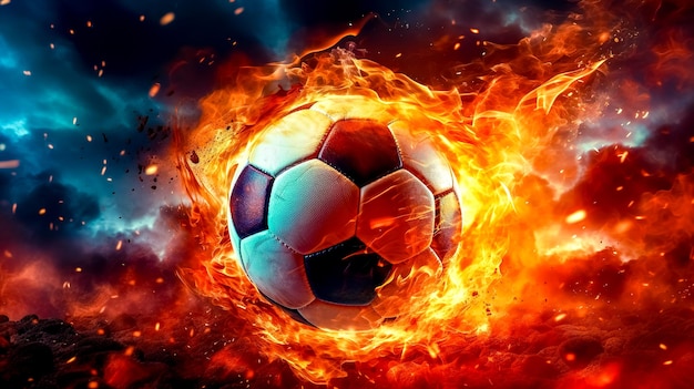 Ballon de football dans une énergie de feu d'explosion colorée et performance sportive de mouvement avec l'IA générative