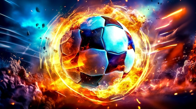 Ballon de football dans une explosion colorée d'énergie de feu et de performances sportives de mouvement AI générative