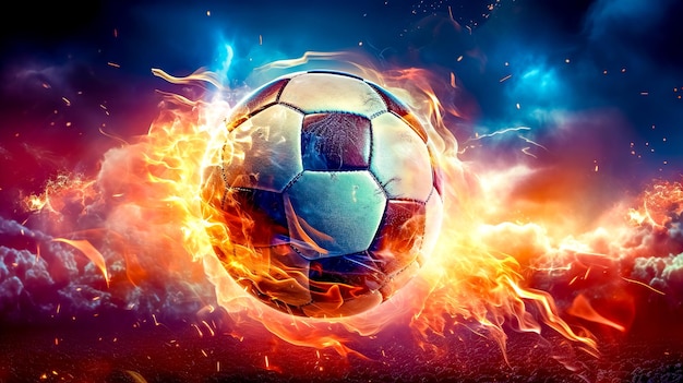 Ballon de football dans une explosion colorée d'énergie de feu et de performances sportives de mouvement réalisées par l'IA générative