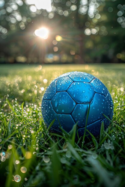 Un ballon de football débauché sur l'herbe verte au lever du soleil