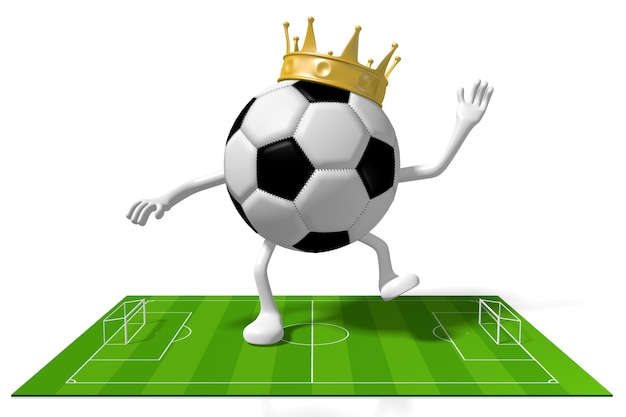 Ballon de football de dessin animé avec une couronne sur le concept de vainqueur de terrain illustration 3D