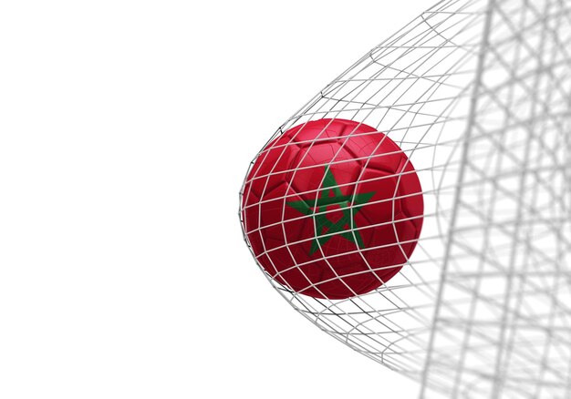 Le ballon de football de drapeau du Maroc marque un but dans un filet