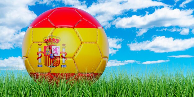 Ballon de football avec drapeau espagnol sur l'herbe verte contre le ciel bleu rendu 3D