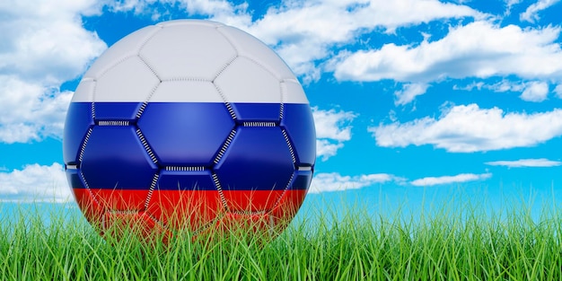 Ballon de football avec drapeau russe sur l'herbe verte contre le rendu 3D du ciel bleu