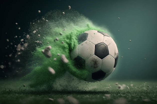 Un ballon de football est aspergé de poussière verte.