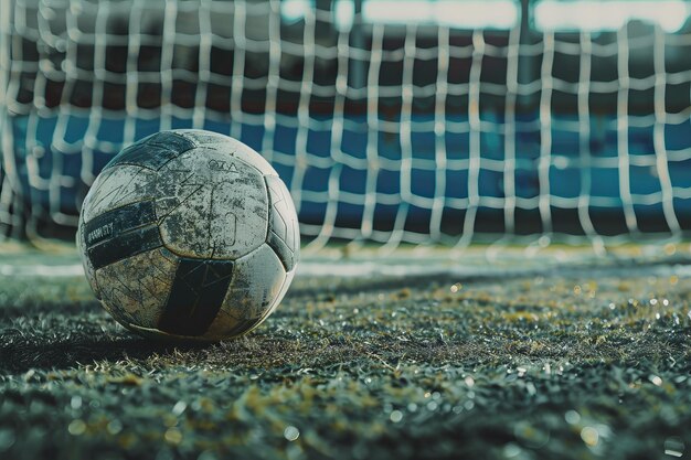 Un ballon de football est assis sur l'herbe à côté d'un filet