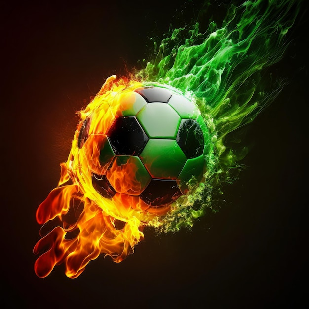 Un ballon de football est devant un fond noir avec un feu vert et rouge