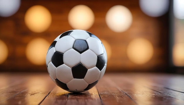 Le ballon de football est placé sur un sol en bois et a un fond flou avec un beau bokeh