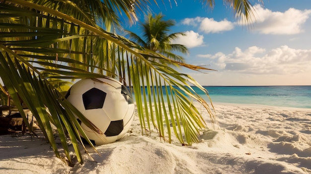 Photo un ballon de football est posé dans le sable d'une plage