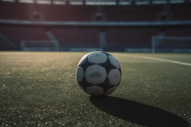 Un ballon de football est sur le terrain devant un stade.