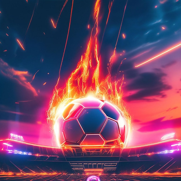 Ballon de football en feu dans le contexte de l'illustration 3D du stade