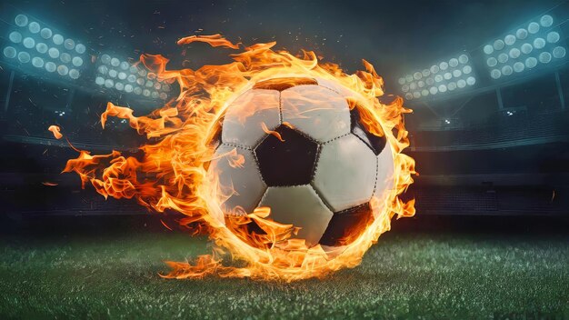 Photo un ballon de football en feu dans un terrain vide