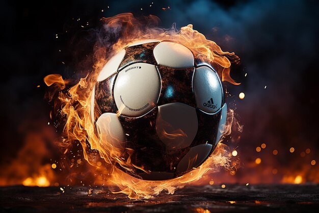 Photo ballon de football avec feu sur fond sombre