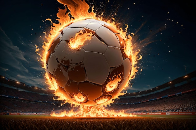 Un ballon de football avec des flammes en arrière-plan