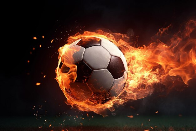 Ballon de football en flammes volant symbole de football abstrait sur fond noir