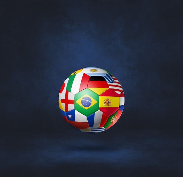 Ballon de football de football avec des drapeaux nationaux isolés sur un bleu foncé. Illustration 3D