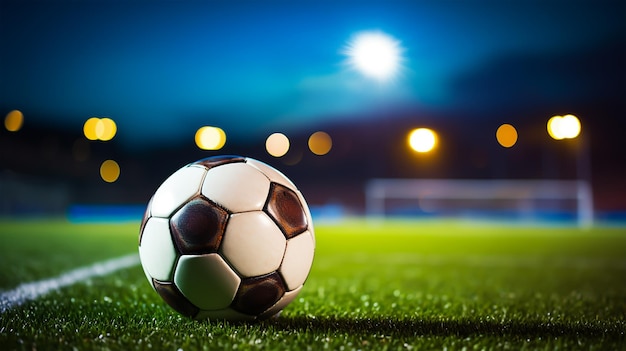 Ballon de football sur l'herbe verte du stade de football la nuit avec des lumières