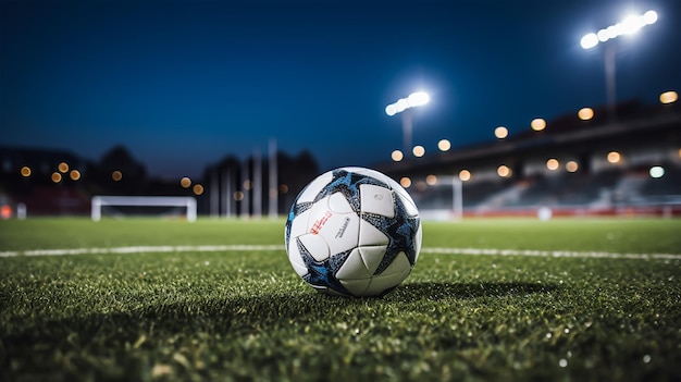 Ballon de football sur l'herbe verte du stade de football la nuit avec des lumières