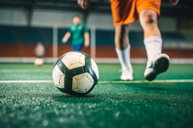 Ballon de football avec joueur au coucher du soleil porte de football en arrière-plan