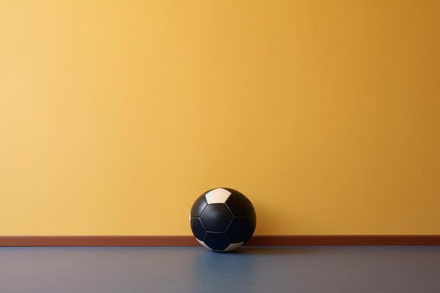 Un ballon de football noir et blanc est posé devant un mur jaune.