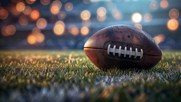 Un ballon de football placé sur un terrain avec des lumières de stade brillant vers le bas