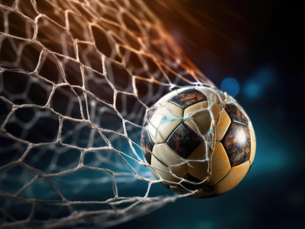 Le ballon de football plie le filet Le ballon de football a volé dans le but football Generative Ai