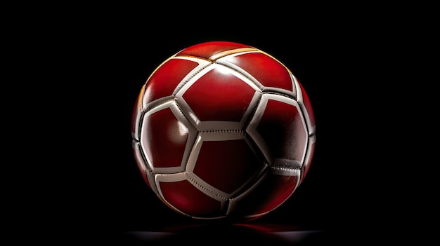 un ballon de football rouge avec une bande dorée en bas.