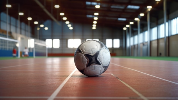 Ballon de football sur un stade de sport intérieur avec un but et un terrain vide