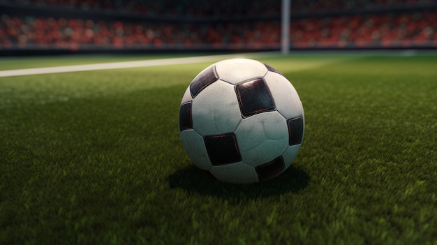 Un ballon de football sur un terrain devant un stade