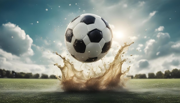 Ballon de football sur un terrain de football dans des gouttes d'éclaboussure action le jour d'été sous le ciel avec nuage