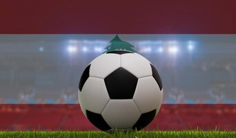Photo ballon de football sur un terrain en herbe devant les lumières du stade et le rendu 3d du drapeau libanais