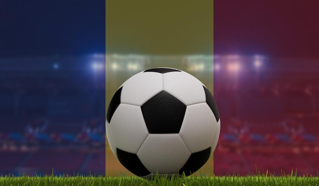 Ballon de football sur un terrain en herbe devant les lumières du stade et le rendu 3D du drapeau roumain