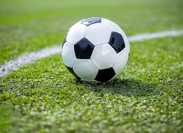 Un ballon de football sur un terrain avec une ligne dans l'herbe