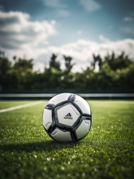 Un ballon de football sur un terrain près des portes