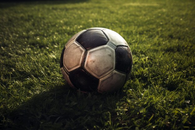 Un ballon de football sur un terrain avec le soleil qui brille dessus.