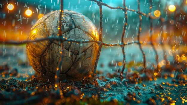 Ballon de football sur le terrain vert du stade avec des lumières et des éclairs