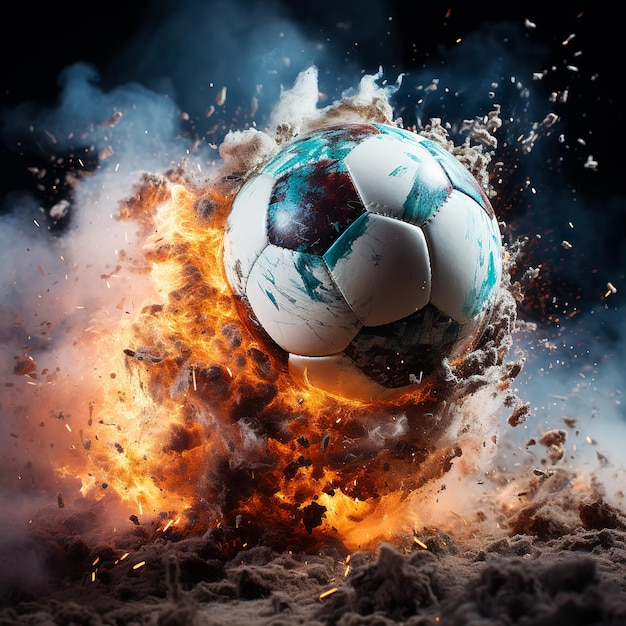 un ballon de football tombant en flammes sur un terrain de football