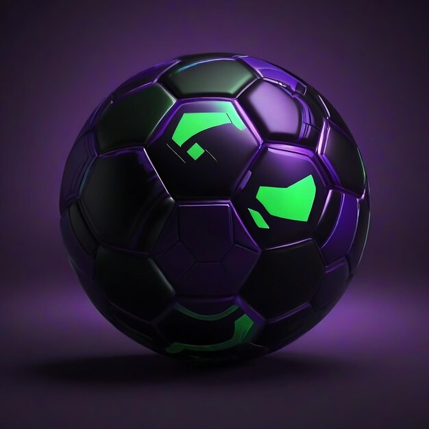 un ballon de football violet sur un fond noir avec une lumière violette stylisée en couches