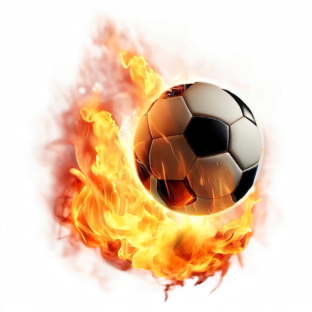 Ballon de football volant en flammes réaliste sur fond blanc