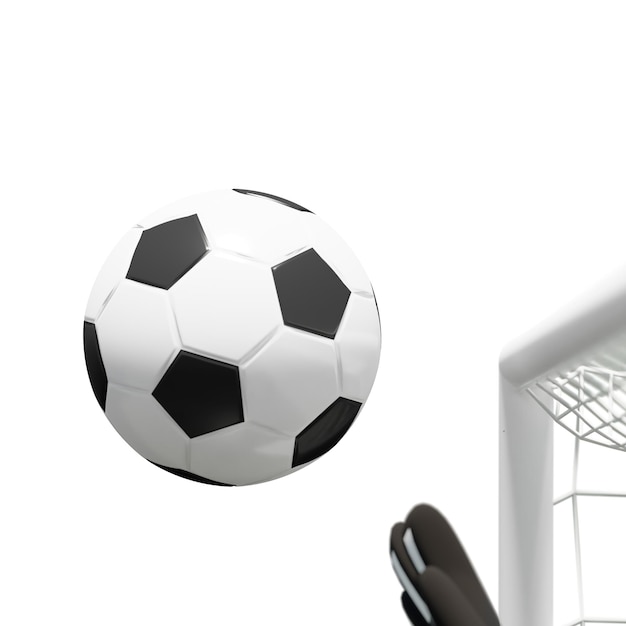 Le ballon de football a volé dans le but avec le gardien de but sautant pour intercepter le ballon, rendu 3d