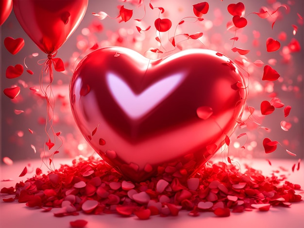 Ballon en forme de cœur rouge avec des pétales de rose rouge sur fond bokehIA generativa