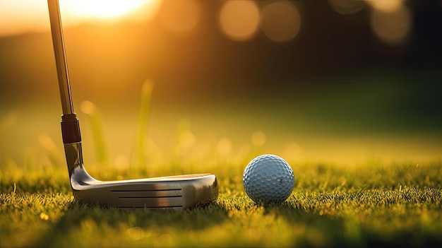 Ballon de golf et club de golf dans un sac sur l'herbe verte au coucher du soleil Golfeur génératif Ai